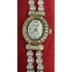 Studio Time Watch Women 19mm Golden Tone Faux Pearl - Needs Battery